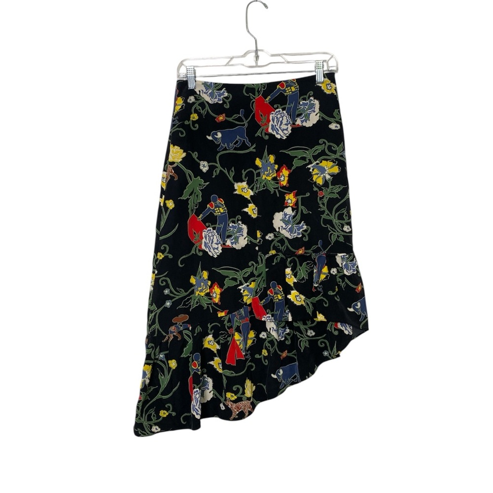 Tibi Silk Asymmetrical Ruffle Skirt Size 2 Floral Novelty Print Designer Chic